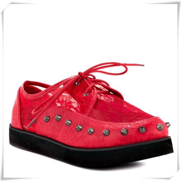 Iron Fist Red Punk Platform Lace Up Red Oxford Creeper Shoes w/ Studs - Picture 1 of 5